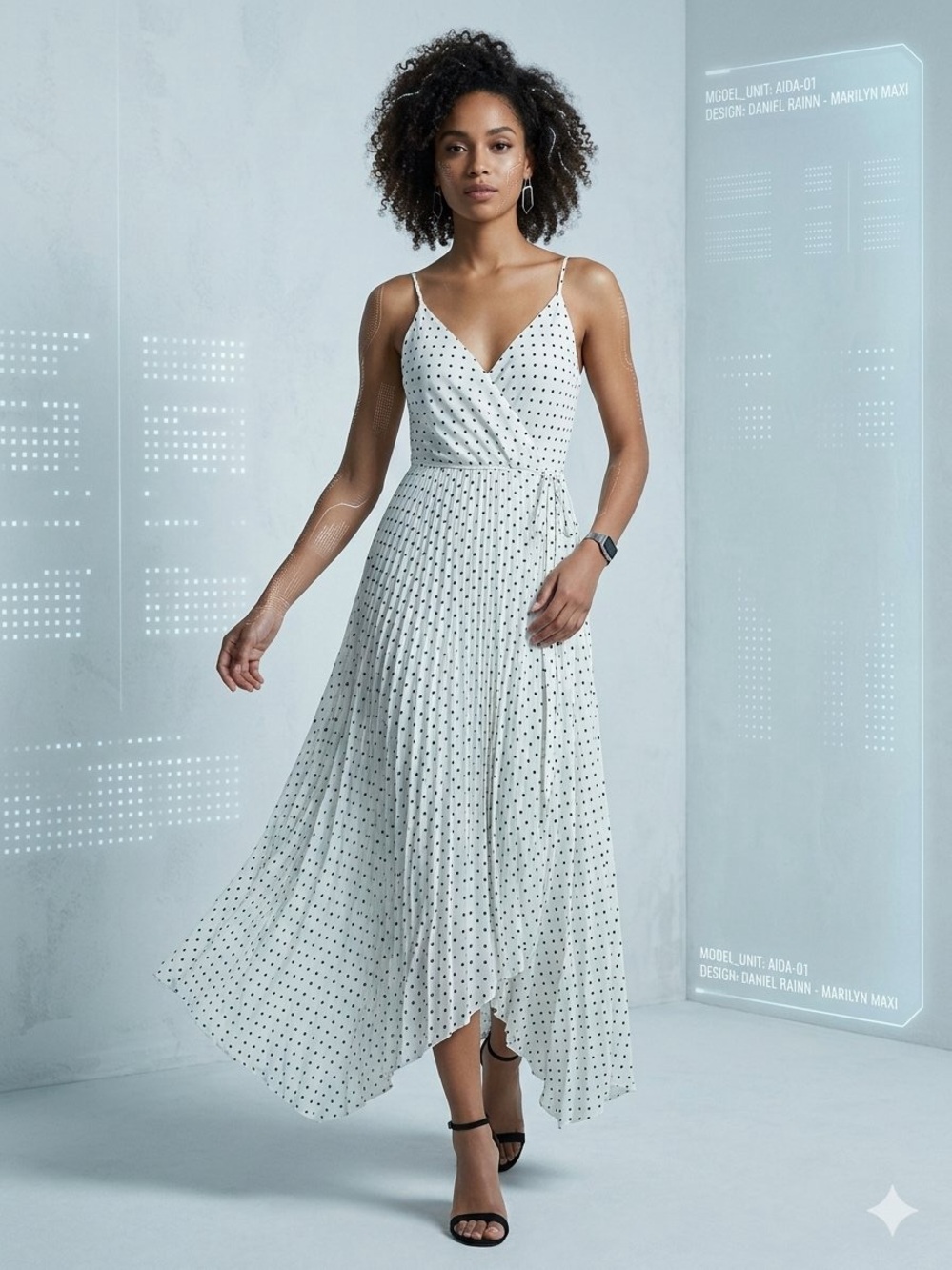 Daniel Rainn Anthropologie Marilyn Pleated Wrap Maxi Dress Polka Dot White Black